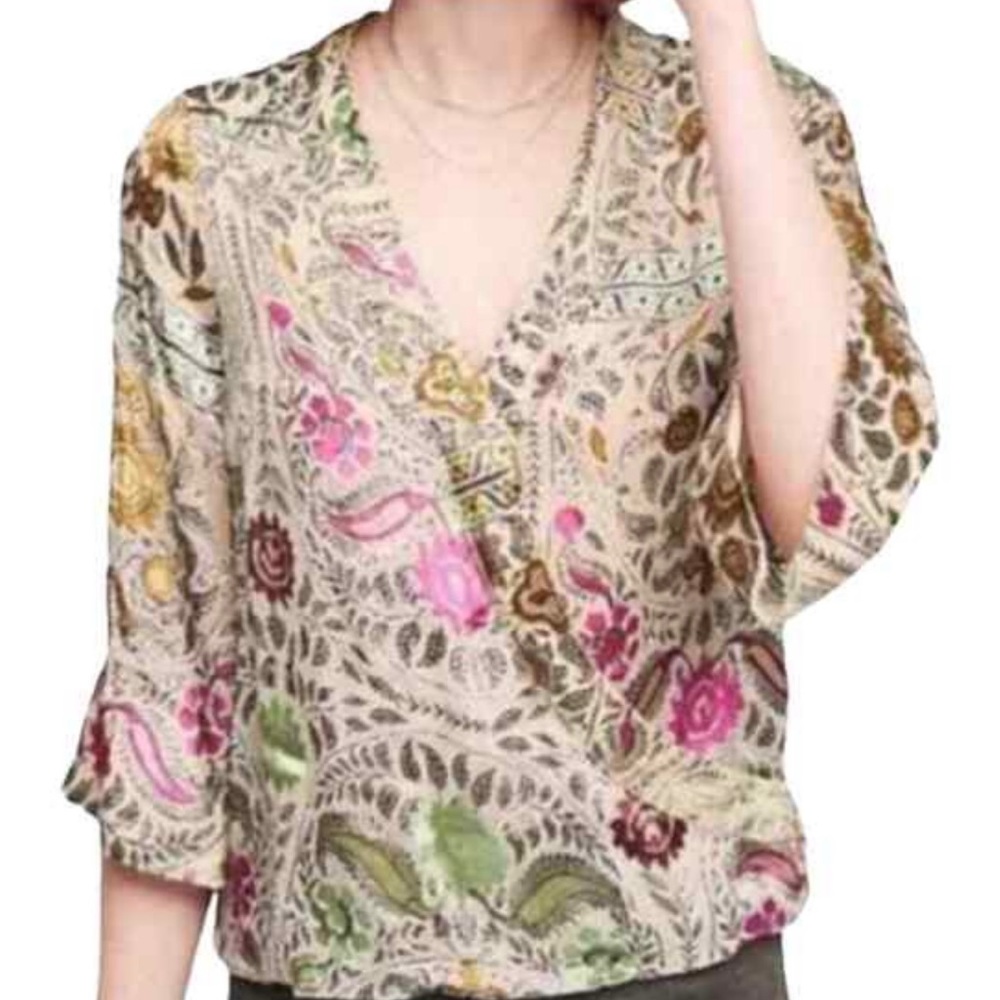 Women’s Anthropologie Floreat Japonica Kimono Style Wrap Blouse Size Medium